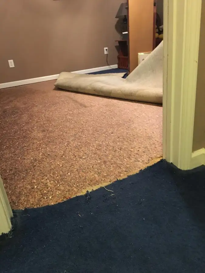 Carpet pad removal revealing water damage during Water Mitigation Services in Waimea